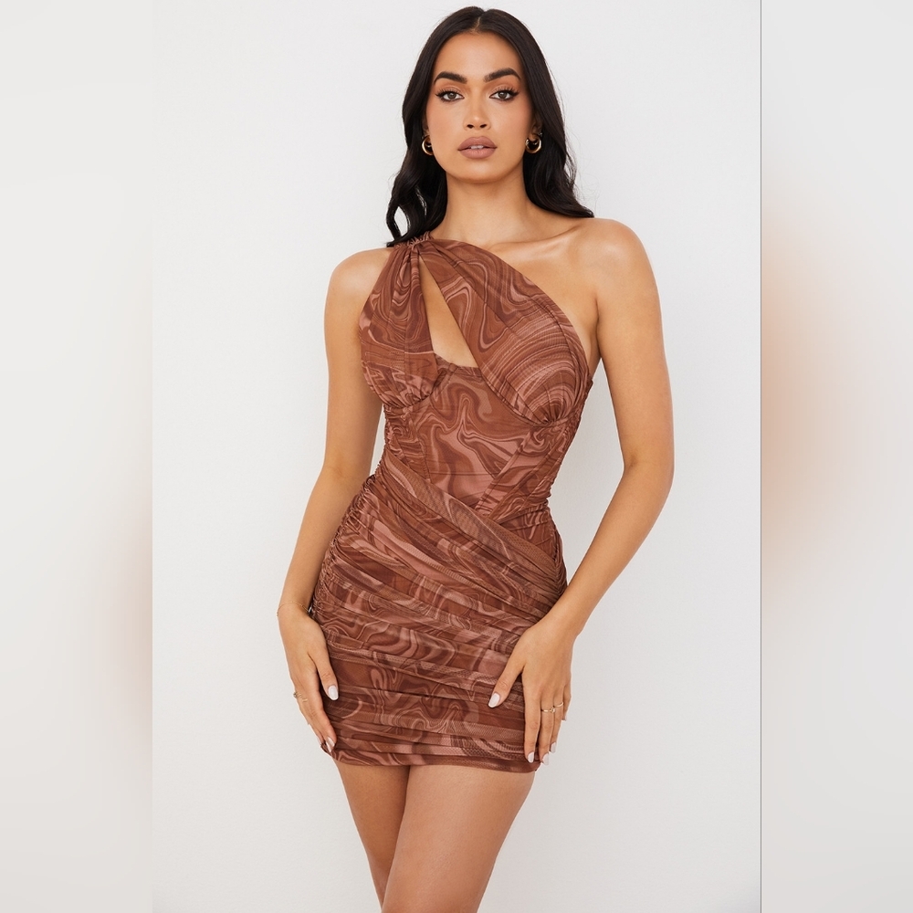 NWOT House Of CB Clementine Cutout One-Shoulder Ruched Mini Dress In Brown Swirl